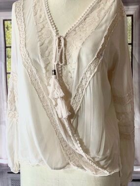 Boho Lace-Trim Cream V-Neck Blouse with Tassel Tie, Size 1X